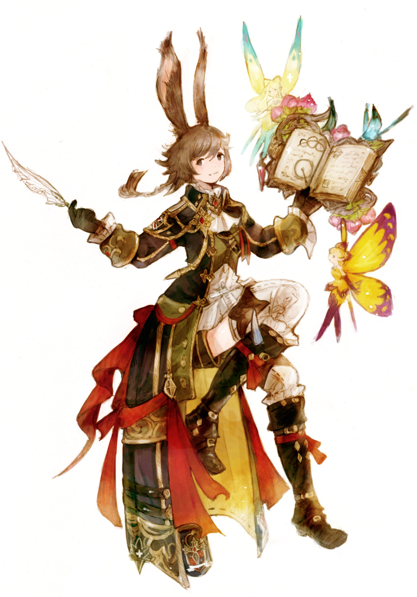 1girl animal_ears avatar_(ff14) bangs black_gloves book braid braided_ponytail brown_eyes brown_hair eos_(ff14) fairy final_fantasy final_fantasy_xiv gloves highres invisible_chair long_hair looking_at_viewer open_book peppermint_jet quill rabbit_ears scholar_(final_fantasy) selene_(ff14) sitting solo thigh-highs viera white_background