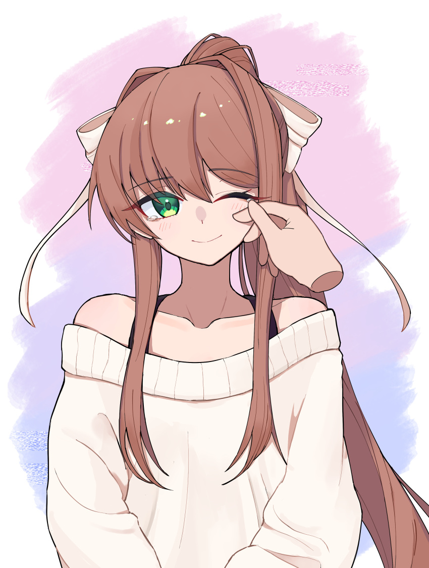 1girl absurdres brown_hair disembodied_limb doki_doki_literature_club green_eyes hand_on_another's_face hattori_(omegamega1001) highres long_hair monika_(doki_doki_literature_club) one_eye_closed ponytail smile sweater white_sweater