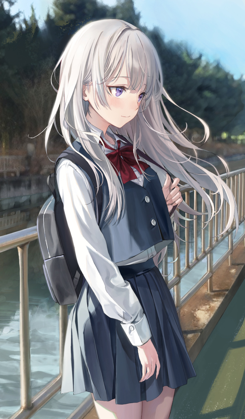 1girl absurdres bag bangs blue_skirt blue_sky blue_vest blurry blurry_background blush bow bowtie closed_mouth collared_shirt commentary dress_shirt emyo english_commentary hand_up highres long_hair long_sleeves original outdoors pleated_skirt railing red_bow red_bowtie river school_bag school_uniform shirt skirt sky smile solo standing tree vest violet_eyes water white_hair white_shirt