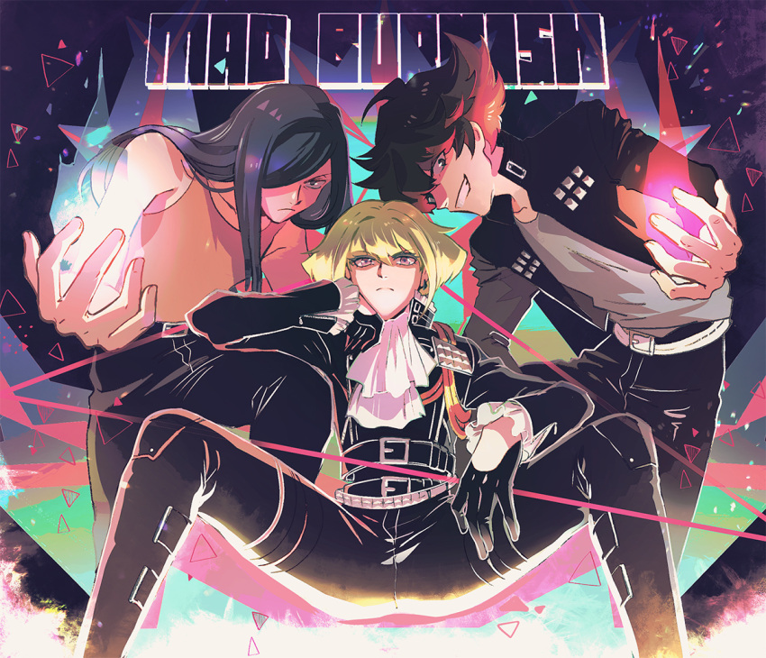 302 3boys ascot biker_clothes blue_fire blue_hair fire green_hair gueira jacket leather leather_jacket lio_fotia long_hair mad_burnish male_focus meis_(promare) multicolored_hair multiple_boys promare purple_fire pyrokinesis redhead sitting spread_legs two-tone_hair