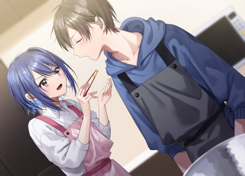 1boy 1girl apron black_apron blue_hair blue_hoodie blush bowl brown_eyes brown_hair buttons chigusa_minori chopsticks closed_eyes collarbone collared_shirt commentary_request counter cuffs door ears ears_visible_through_hair feeding hair_ornament hairclip highres hood hoodie kitchen microwave mixing_bowl omelet open_mouth original pink_apron shirt short_hair striped striped_apron tamagoyaki white_shirt