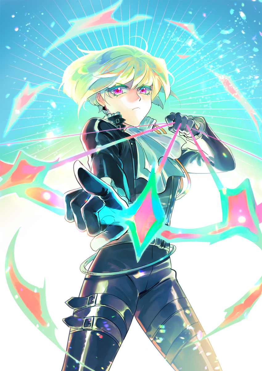 1boy 302 androgynous arrow_(projectile) ascot black_gloves black_jacket bow_(weapon) diffraction_spikes drawing_bow earrings fire floating_hair gloves green_fire green_hair half_gloves highres holding holding_bow_(weapon) holding_weapon jacket jewelry lio_fotia male_focus promare purple_fire pyrokinesis solo violet_eyes weapon