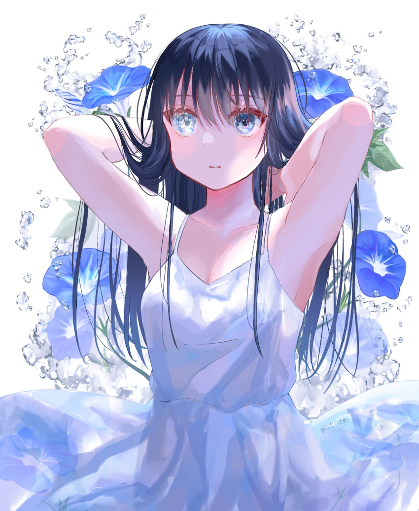 1girl arms_behind_back arms_up bare_arms bare_shoulders black_hair blue_eyes blue_flower breasts commentary_request dress eyebrows_visible_through_hair eyes_visible_through_hair flower hair_between_eyes hand_in_hair heterochromia highres long_hair looking_away medium_breasts morning_glory original parted_lips sleeveless sleeveless_dress solo spaghetti_strap sutera_sea symbol-shaped_eyes white_background white_dress