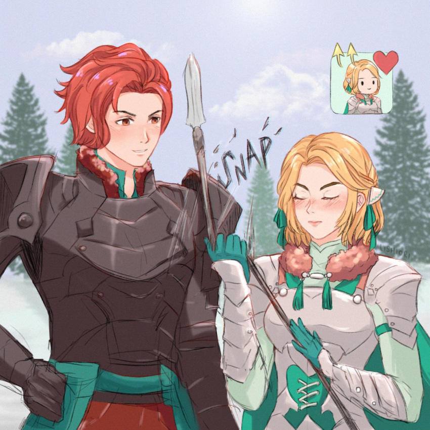 1boy 1girl aqua_gloves armor arrow_(symbol) blonde_hair blush breastplate chibi closed_eyes commentary dress english_commentary fire_emblem fire_emblem:_three_houses forehead fur_trim gloves green_dress green_ribbon grin hair_ribbon hand_on_hip heart highres ingrid_brandl_galatea lishiori looking_at_another nose_blush outdoors pauldrons polearm red_eyes redhead ribbon short_hair shoulder_armor smile spear sylvain_jose_gautier tree upper_body weapon