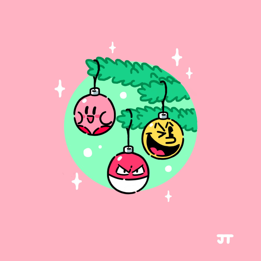 border branch character_print christmas_tree commentary crossover highres james_turner kirby kirby_(series) no_humans objectification pac-man pac-man_(game) pink_border pokemon signature sparkle still_life voltorb