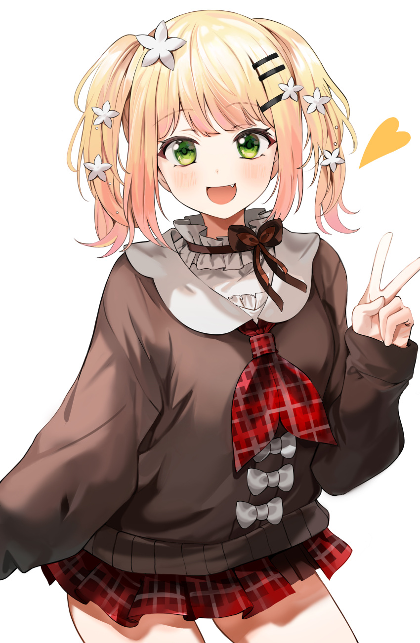 1girl absurdres blonde_hair blush brown_sweater eyebrows_visible_through_hair flower gradient_hair green_eyes hair_flower hair_ornament hairclip heart highres hololive leaning_forward long_sleeves looking_at_viewer miniskirt momosuzu_nene multicolored_hair neck_ribbon neckerchief plaid plaid_neckerchief plaid_skirt ribbon school_uniform short_twintails simple_background skirt smile solo sweater twintails v virtual_youtuber white_background yuki_(asayuki101)
