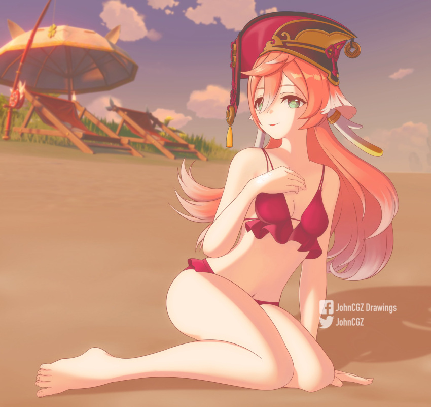 1girl :p arm_support bangs bare_arms bare_legs bare_shoulders barefoot beach_chair bikini blue_sky clouds commentary day fishing_rod genshin_impact green_eyes hair_between_eyes hand_on_own_chest hand_up highres johncgz long_hair looking_at_viewer navel pink_hair red_bikini red_headwear sitting sky smile solo stomach swimsuit thighs tongue tongue_out umbrella yanfei_(genshin_impact) yokozuwari