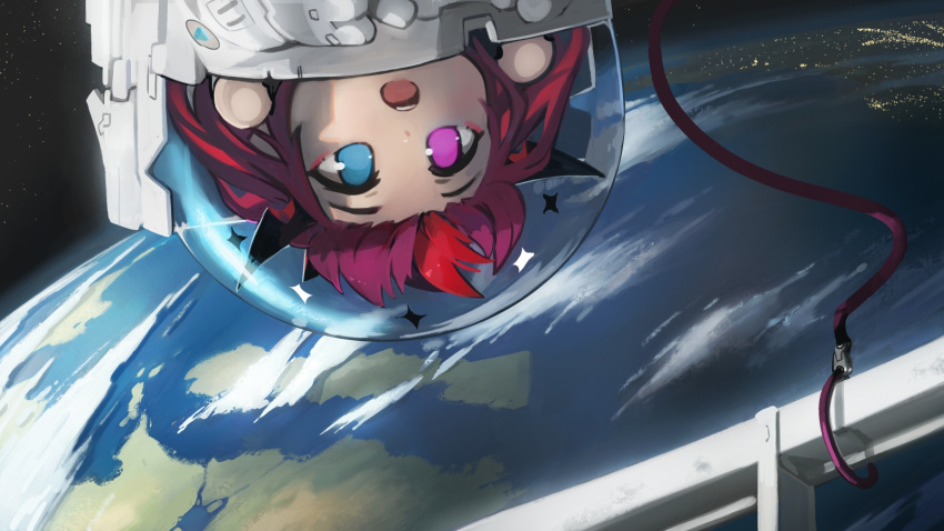 1girl astronaut blue_eyes cable chibi clouds commentary earth_(planet) english_commentary harness helmet heterochromia highres hololive hololive_english horns irys_(hololive) long_hair multicolored_hair multiple_girls open_mouth paintrfiend planet purple_hair redhead solo space spacesuit star_(sky) very_long_hair violet_eyes virtual_youtuber