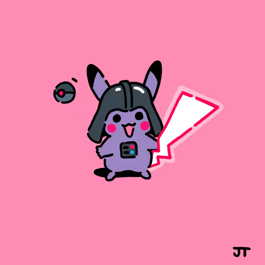 :d animal_focus black_eyes black_headwear blush_stickers commentary darth_vader full_body fusion hatted_pokemon helmet highres james_turner looking_at_viewer open_mouth pikachu pink_background poke_ball pokemon signature smile solid_circle_eyes standing