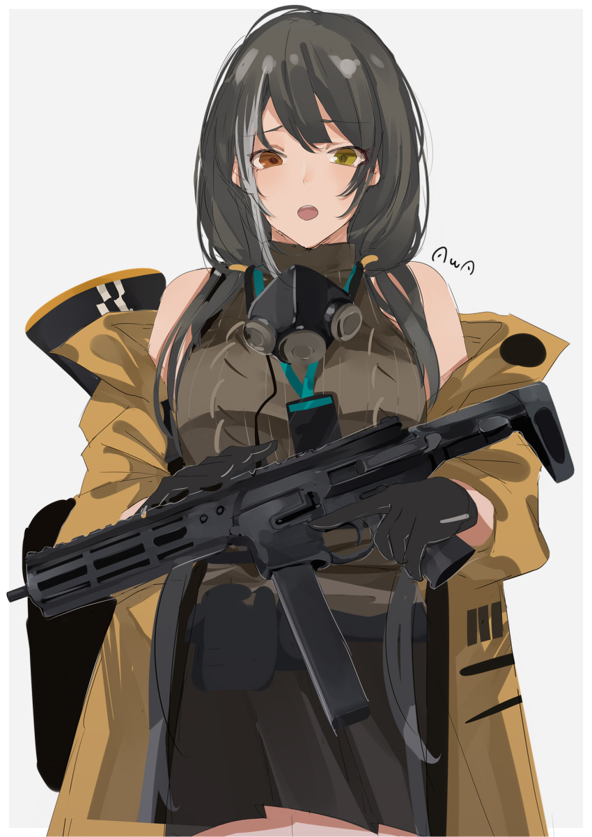1girl ammunition_belt artist_name bangs black_gloves black_hair black_skirt breasts brown_sweater_vest eyebrows_visible_through_hair gas_mask girls_frontline gloves gun heterochromia highres holding holding_gun holding_weapon jacket jacket_pull long_hair looking_at_viewer mask mask_around_neck multicolored_hair noveske_space_invader open_clothes open_jacket open_mouth red_eyes ro635 ro635_(girls'_frontline) skirt solo standing submachine_gun sutekina_awa sweater_vest teeth upper_teeth weapon white_background yellow_eyes yellow_jacket