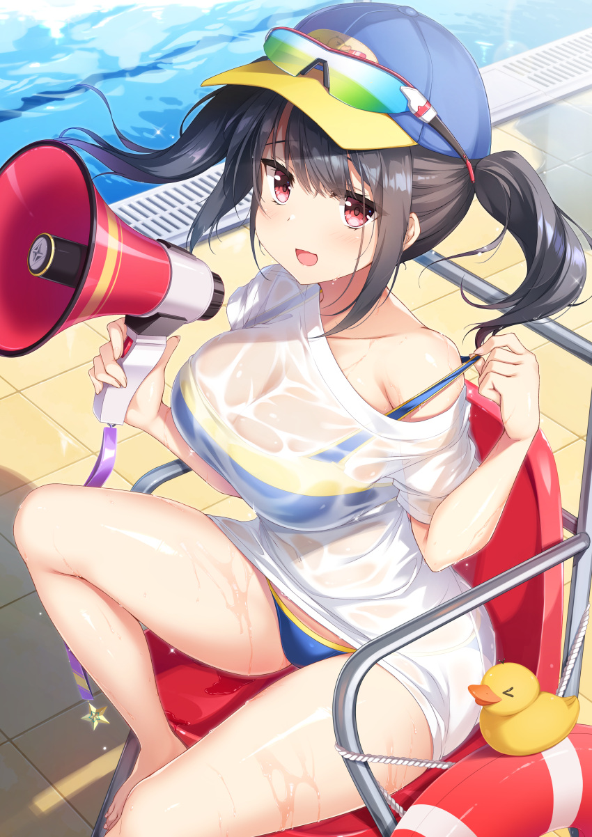1girl :d absurdres baseball_cap bikini black_be_chicken black_hair blush breasts chair clothes_pull day eyewear_on_headwear hat highres holding holding_megaphone large_breasts looking_at_viewer megaphone original outdoors pool red_eyes rubber_duck shiny shiny_skin shirt sitting smile solo sunglasses swimsuit swimsuit_pull swimsuit_under_clothes thighs twintails water wet wet_clothes wet_shirt