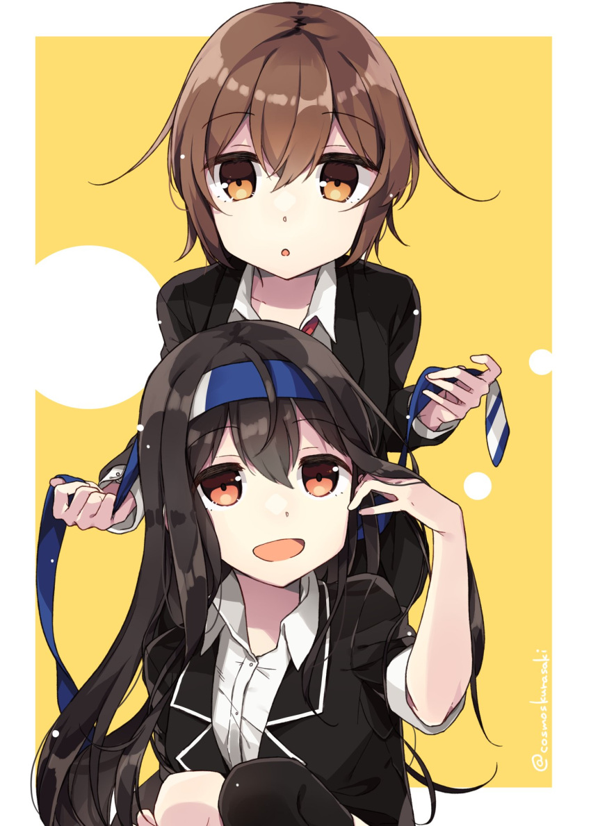 2girls :o bangs black_hair black_jacket black_legwear brown_eyes brown_hair eyebrows_visible_through_hair green_headband hair_between_eyes hatsushimo_(kancolle) hatsushimo_kai_ni_(kancolle) headband highres jacket kantai_collection kurasaki_cosmos long_hair long_sleeves multiple_girls open_mouth parted_lips shirt short_hair simple_background twitter_username two-tone_background upper_body wakaba_(kancolle) white_shirt