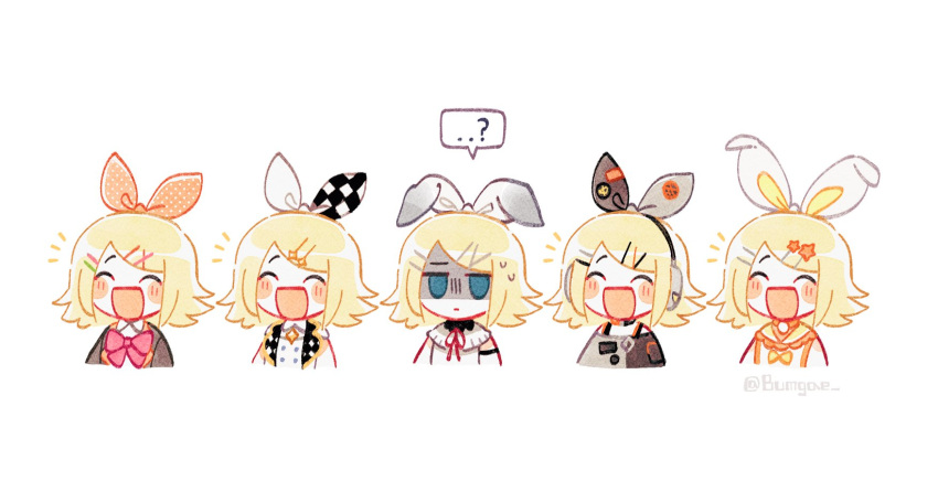+++ 5girls armband arms_at_sides bangs black_jacket blonde_hair blue_eyes blush_stickers bow bowtie bumgae checkered_bow checkered_clothes closed_eyes closed_mouth cropped_torso detached_collar empty_eyes facing_viewer frilled_shirt_collar frills gradient gradient_bow hair_bow hair_ornament hairclip happy headphones highres jacket kagamine_rin laughing lineup multiple_girls multiple_persona neck_ribbon no_nose off_shoulder open_mouth orange_bow parted_bangs polka_dot polka_dot_bow project_sekai red_bow red_bowtie red_ribbon ribbon sailor_collar serious shaded_face short_hair simple_background spaghetti_strap sparkle_hair_ornament star_(symbol) star_hair_ornament sweatdrop swept_bangs turn_pale twitter_username two-tone_bow vocaloid white_background white_bow wing_collar x_hair_ornament