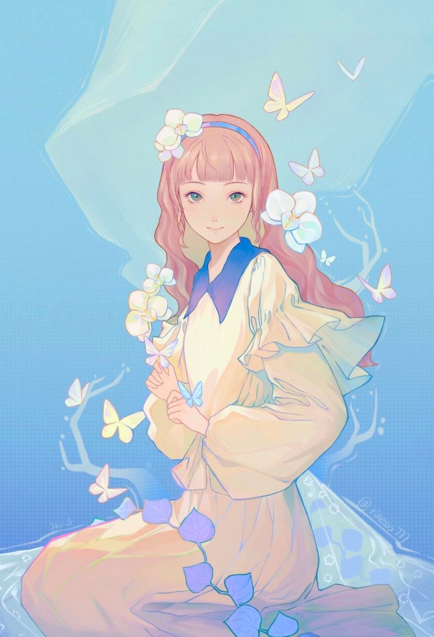 1girl blue_background blue_butterfly blue_hairband branch bug butterfly cirrika closed_mouth commentary dress flower green_eyes hair_flower hair_ornament hairband highres long_dress long_hair long_sleeves looking_at_viewer looking_to_the_side original pink_hair seiza sitting smile solo twitter_username white_butterfly white_flower yellow_dress