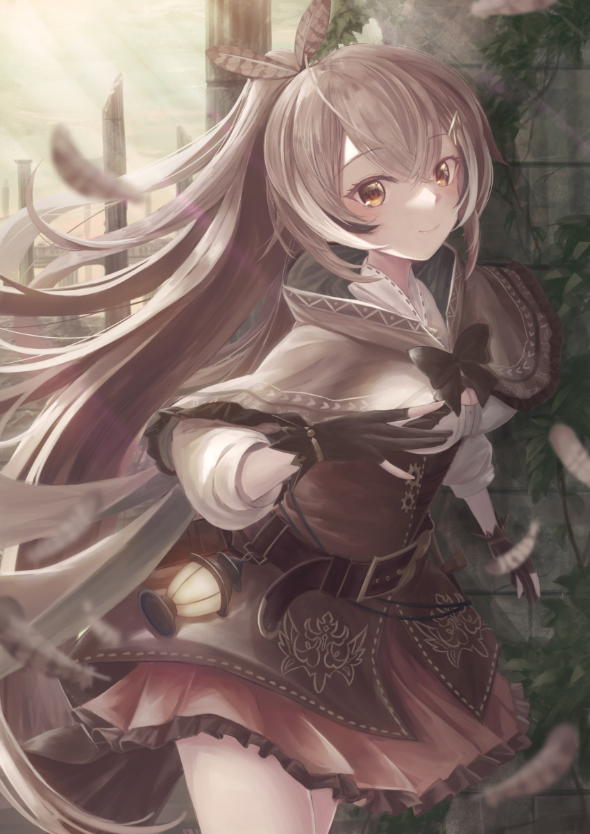 1girl absurdres bangs belt brown_capelet brown_cloak brown_corset brown_eyes brown_hair cape capelet cloak clouds cloudy_sky corset embroidery feather_hair_ornament feathers hair_ornament hieroglyphics highres hololive hololive_english lantern light_rays long_hair looking_at_viewer nanashi_mumei overgrown pillar plant ponytail red_skirt ribbon ruins shirt siruru0503 skirt sky smile sunlight vines virtual_youtuber white_shirt