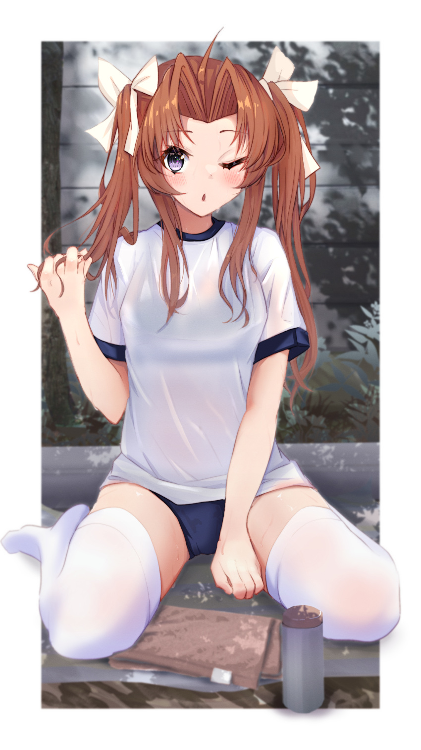 1girl absurdres bangs between_legs bloomers border bottle bra_visible_through_clothes brown_hair buruma eyebrows_visible_through_hair full_body gym_uniform hair_ribbon hand_between_legs hand_in_hair highres kagerou_(kancolle) kantai_collection long_hair looking_at_viewer no_shoes one_eye_closed open_mouth outdoors parted_bangs ribbon shirt sitting sweat thigh-highs toketa-sekai towel twintails underwear violet_eyes wariza white_border white_legwear white_ribbon white_shirt