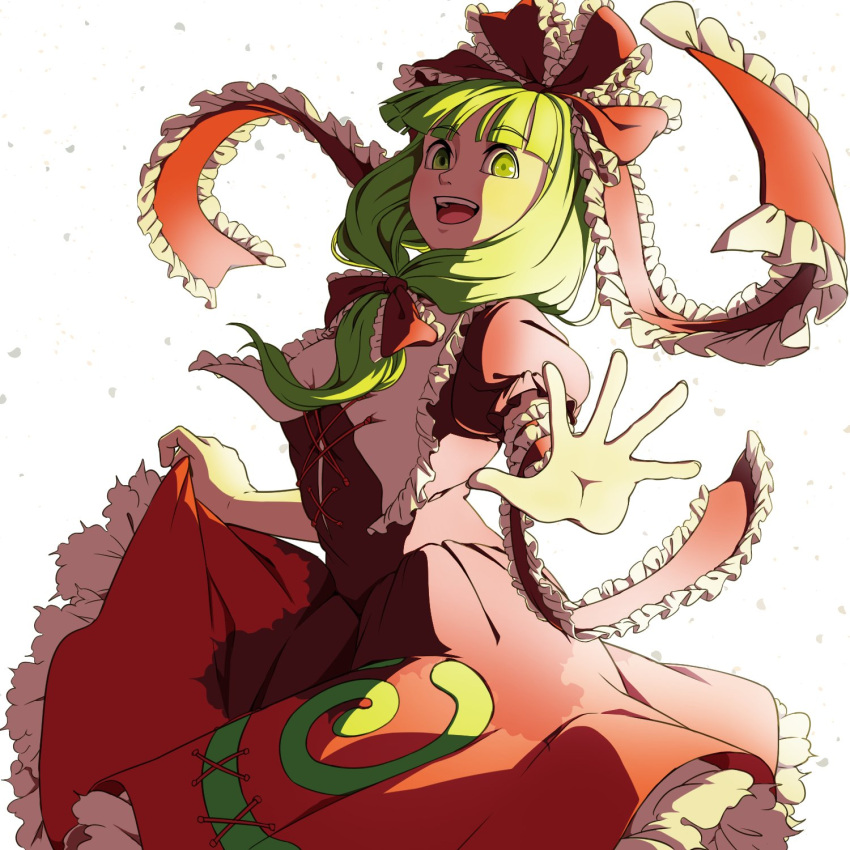 1girl bangs blunt_bangs bow cowboy_shot dress eyebrows_visible_through_hair frilled_bow frilled_dress frilled_ribbon frills from_side front_ponytail green_eyes green_hair hair_bow hands_up highres holding holding_clothes holding_dress kagiyama_hina long_hair looking_at_viewer mefomefo open_mouth outstretched_arm puffy_short_sleeves puffy_sleeves red_dress ribbon shadow short_sleeves simple_background smile solo spread_fingers stitches touhou white_background