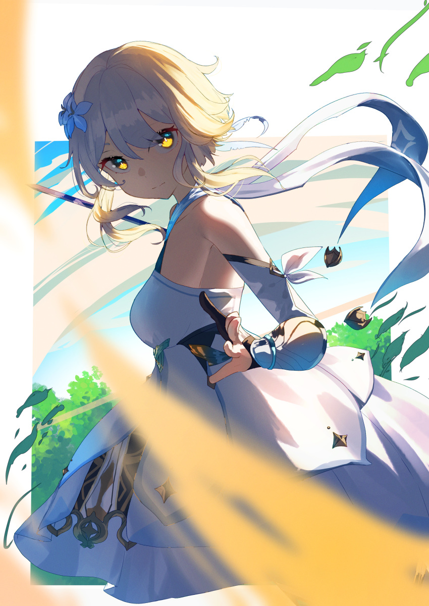 1girl 38_(sanjuuhachi) absurdres bare_shoulders black_gloves blonde_hair blurry blurry_foreground bush closed_mouth commentary_request cowboy_shot detached_sleeves dress flower from_side genshin_impact gloves hair_flower hair_ornament highres leaf looking_at_viewer looking_to_the_side lumine_(genshin_impact) partially_fingerless_gloves short_hair_with_long_locks sleeveless sleeveless_dress solo white_dress white_flower white_sleeves yellow_eyes