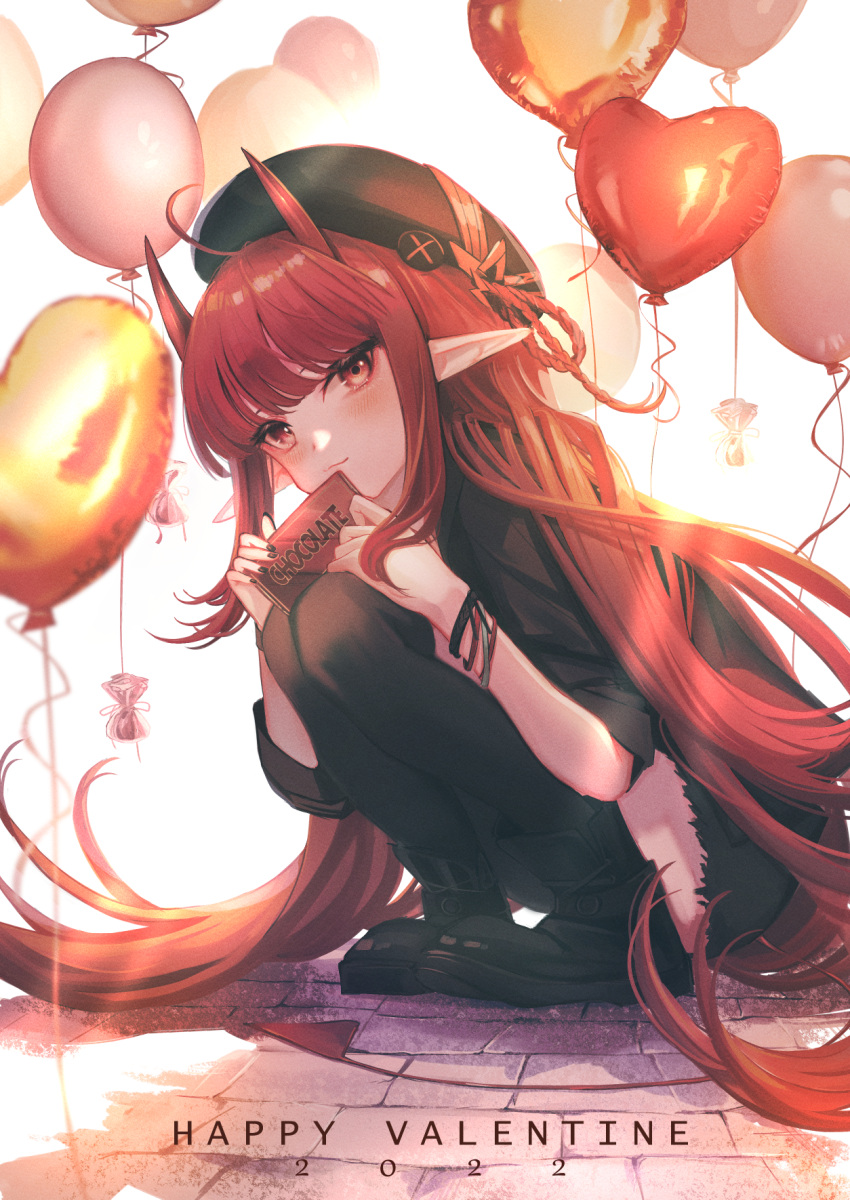 1girl 2022 arknights balloon beret black_footwear black_headwear black_jacket black_legwear black_nails boots closed_mouth commentary_request demon_horns full_body happy_valentine hat hemorina highres holding horns jacket knees_up long_hair nail_polish pointy_ears red_eyes redhead short_sleeves smile solo squatting thigh-highs valentine very_long_hair vigna_(arknights)