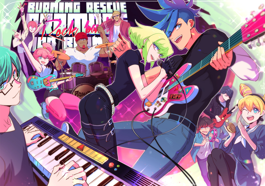 302 3girls 6+boys aina_ardebit band blue_hair cymbals drum drum_set drumsticks electric_guitar galo_thymos green_hair gueira guitar heris_ardebit ignis_ex instrument keyboard_(instrument) lio_fotia lucia_fex male_focus meis_(promare) microphone_stand multiple_boys multiple_girls music pink_hair playing_instrument promare remi_puguna synthesizer tambourine varys_truss violet_eyes