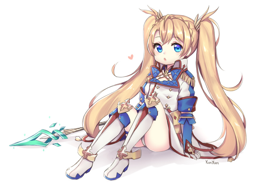 1girl :o absurdres ahoge arm_support armor artist_name ass bangs blonde_hair blue_eyes blue_gloves boots bradamante_(fate) braid buttons double-breasted elbow_gloves epaulettes fate/grand_order fate_(series) faulds full_body gloves heart highres knee_boots kneehighs knees_up long_hair long_sleeves looking_at_viewer panties parted_lips polearm shirt sidelocks simple_background sitting skirt sleeves_folded_up solo spear tareme twintails underwear uniform very_long_hair weapon white_background white_legwear white_panties white_shirt white_skirt wing_collar younger yumyum