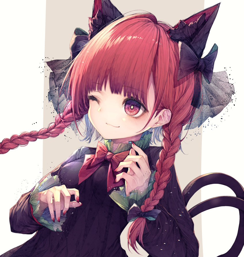 1girl absurdres animal_ear_fluff animal_ears black_ribbon braid cat_ears cat_tail commentary dress ears extra_ears frilled_dress frills green_dress highres hito_komoru juliet_sleeves kaenbyou_rin long_sleeves multiple_tails nekomata one_eye_closed puffy_sleeves red_eyes redhead ribbon smile symbol-only_commentary tail touhou twin_braids two_tails