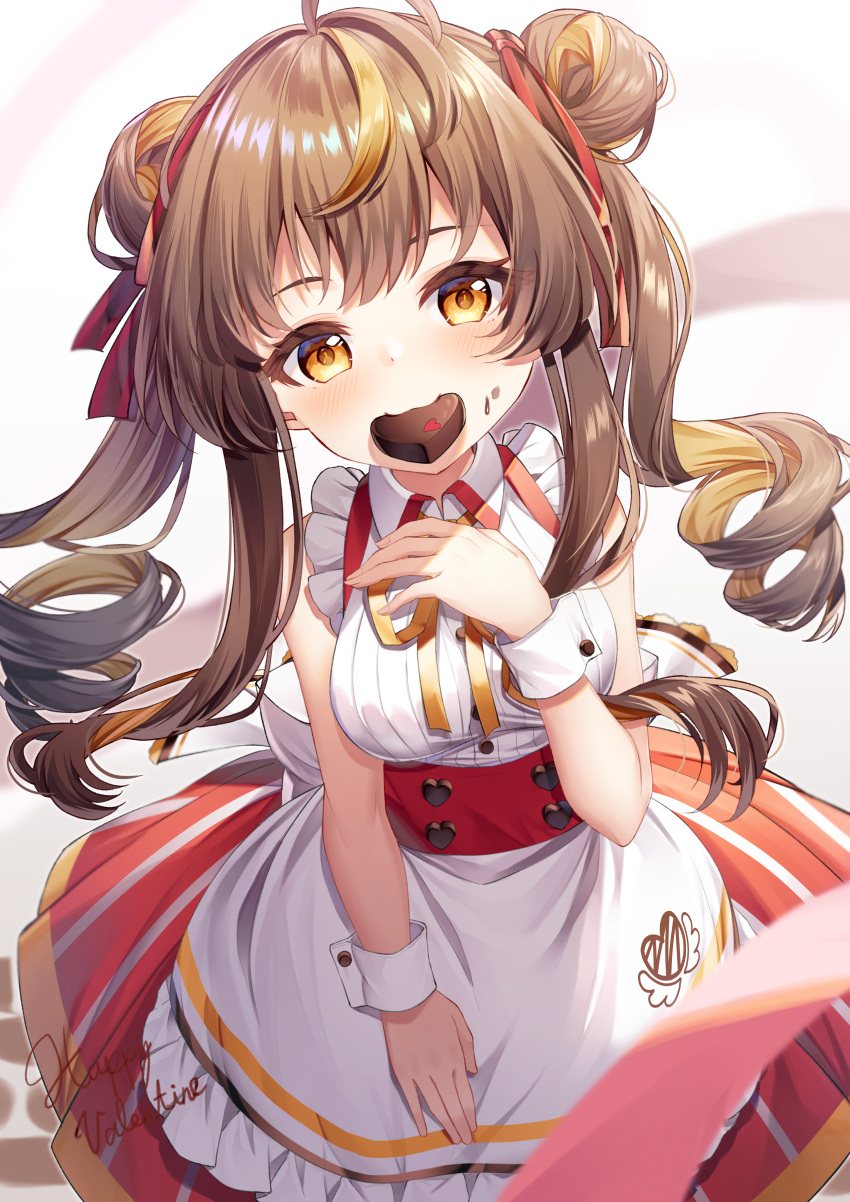 1girl absurdres ahoge apron bangs breasts brown_eyes brown_hair candy chocolate chocolate_on_face commentary_request double_bun eyebrows_visible_through_hair food food_in_mouth food_on_face frilled_apron frills hand_up happy_valentine heart heart-shaped_chocolate highres long_hair looking_at_viewer medium_breasts mouth_hold multicolored_hair neck_ribbon original red_skirt ribbon ringlets shirt skirt sleeveless sleeveless_shirt solo streaked_hair striped striped_skirt torokeru_none twintails two-tone_hair valentine vertical-striped_skirt vertical_stripes very_long_hair waist_apron white_apron white_shirt wrist_cuffs yellow_ribbon