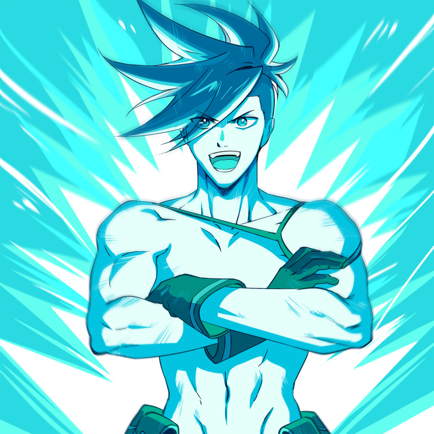 1boy 302 aura blue_theme crossed_arms detached_sleeves eyes_visible_through_hair galo_thymos gloves highres male_focus monochrome muscular muscular_male promare single_detached_sleeve solo spiky_hair
