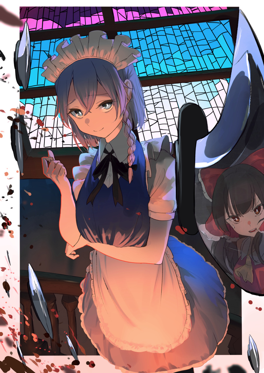 2girls 38_(sanjuuhachi) absurdres apron ascot black_ribbon blood blue_dress bow braid bright_pupils brown_hair closed_mouth collared_shirt commentary dress frilled_apron frills grey_eyes hair_bow hakurei_reimu hand_up highres indoors izayoi_sakuya long_hair looking_at_viewer maid maid_apron maid_headdress medium_hair multiple_girls neck_ribbon open_mouth red_bow ribbon shirt short_sleeves side_braid silver_hair single_braid smile stained_glass sweat sword touhou weapon white_apron white_pupils white_shirt yellow_ascot