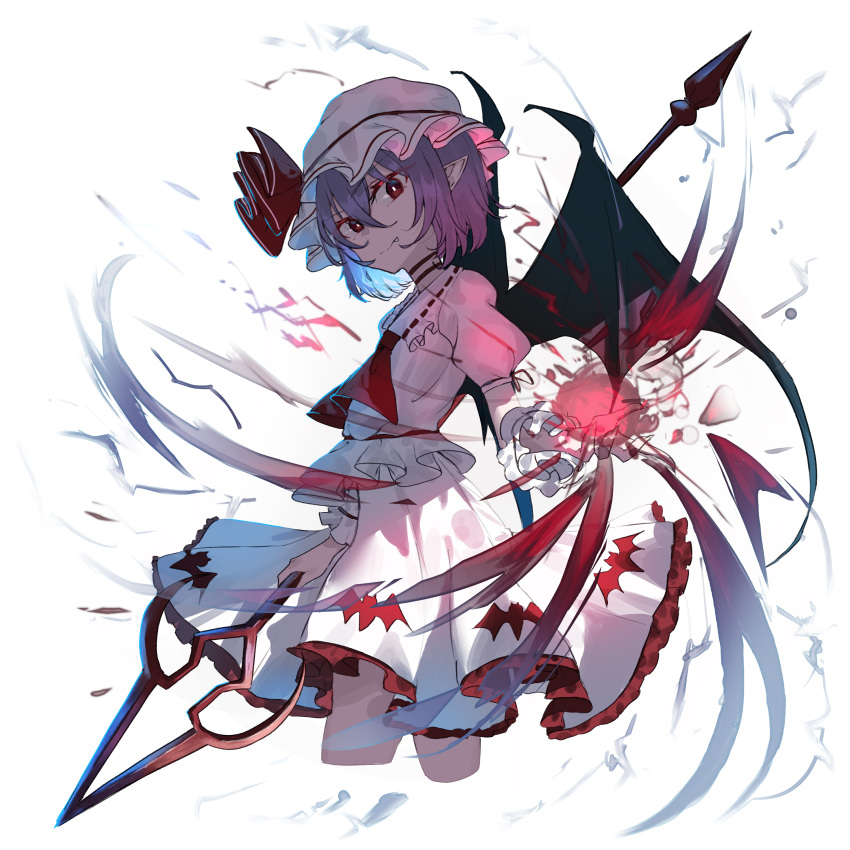 1girl 38_(sanjuuhachi) absurdres ascot bright_pupils closed_mouth commentary cowboy_shot cropped_legs fang hat highres holding holding_polearm holding_weapon looking_at_viewer magical_girl mob_cap pointy_ears polearm purple_hair red_ascot red_eyes remilia_scarlet shirt short_hair simple_background skirt solo touhou weapon white_background white_headwear white_pupils white_shirt white_skirt wings