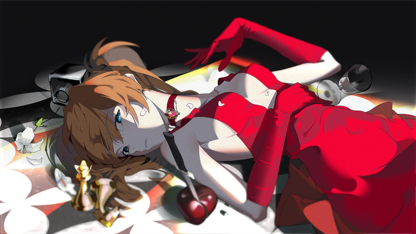 1girl alternate_costume blue_eyes breasts breasts_apart brown_hair chess_piece choker cup dress drinking_glass elbow_gloves gloves highres liuhaichao looking_at_viewer lying medium_breasts neon_genesis_evangelion on_back parted_lips red_dress red_gloves ribbon_choker sideboob solo souryuu_asuka_langley wine_glass