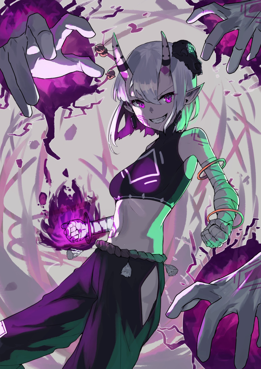 1girl 38_(sanjuuhachi) arm_wrap armlet bare_arms black_pants bracelet breasts colored_inner_hair commentary cowboy_shot crop_top disembodied_limb facial_mark grey_background grin highres hip_vent horn_bell horns jewelry linea_alba looking_at_viewer magic midriff multicolored_hair navel oni_horns original pants pointy_ears purple_hair purple_shirt shirt short_hair silver_hair sleeveless sleeveless_shirt small_breasts smile solo violet_eyes