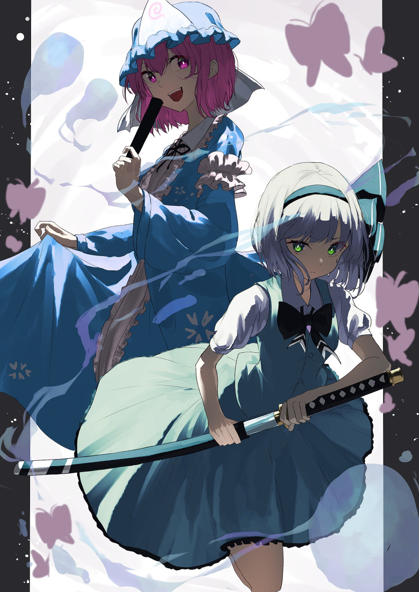 2girls 38_(sanjuuhachi) absurdres black_bow black_bowtie black_hairband blue_dress blue_headwear bow bowtie bright_pupils bug butterfly closed_mouth commentary dress green_eyes green_skirt green_vest hair_bow hairband hand_up hat highres holding holding_sword holding_weapon katana konpaku_youmu long_dress looking_at_viewer mob_cap multiple_girls open_mouth pillarboxed pink_eyes pink_hair ready_to_draw saigyouji_yuyuko shirt short_hair short_sleeves silver_hair skirt skirt_hold smile sword teeth touhou upper_teeth vest weapon white_pupils white_shirt