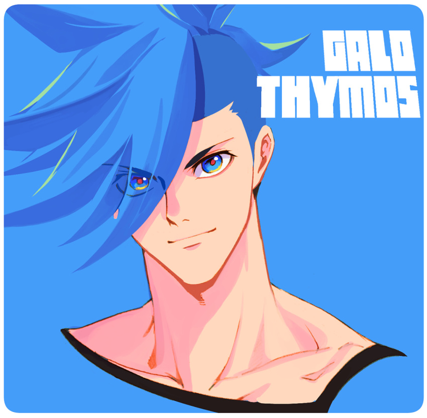 1boy 302 blue_eyes blue_hair blue_theme boots character_name eyes_visible_through_hair galo_thymos male_focus promare sidecut smile solo spiky_hair thigh-highs thigh_boots