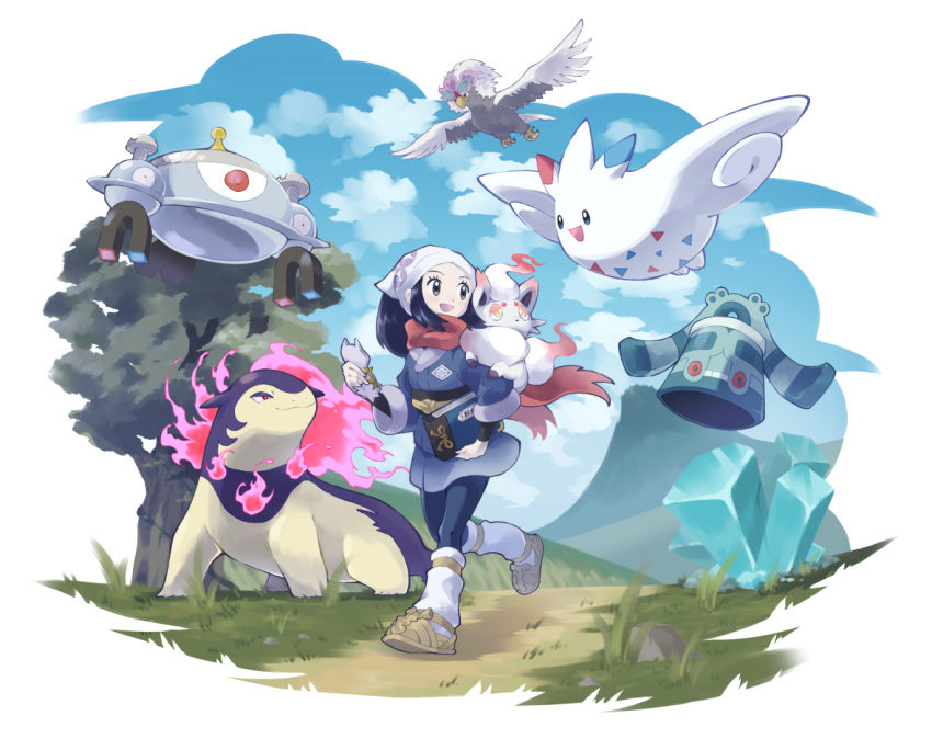 1girl akari_(pokemon) arc_phone black_hair black_legwear blue_jacket blue_skirt border bronzong brown_footwear clouds commentary_request day eyelashes grass head_scarf hisuian_braviary hisuian_typhlosion hisuian_zorua holding holding_phone jacket long_hair looking_to_the_side loose_socks magnezone outdoors pantyhose phone pokemon pokemon_(creature) pokemon_(game) pokemon_legends:_arceus shoes sidelocks skirt sky smile standing togekiss tree white_border white_headwear white_legwear yuni_(unitary_580)