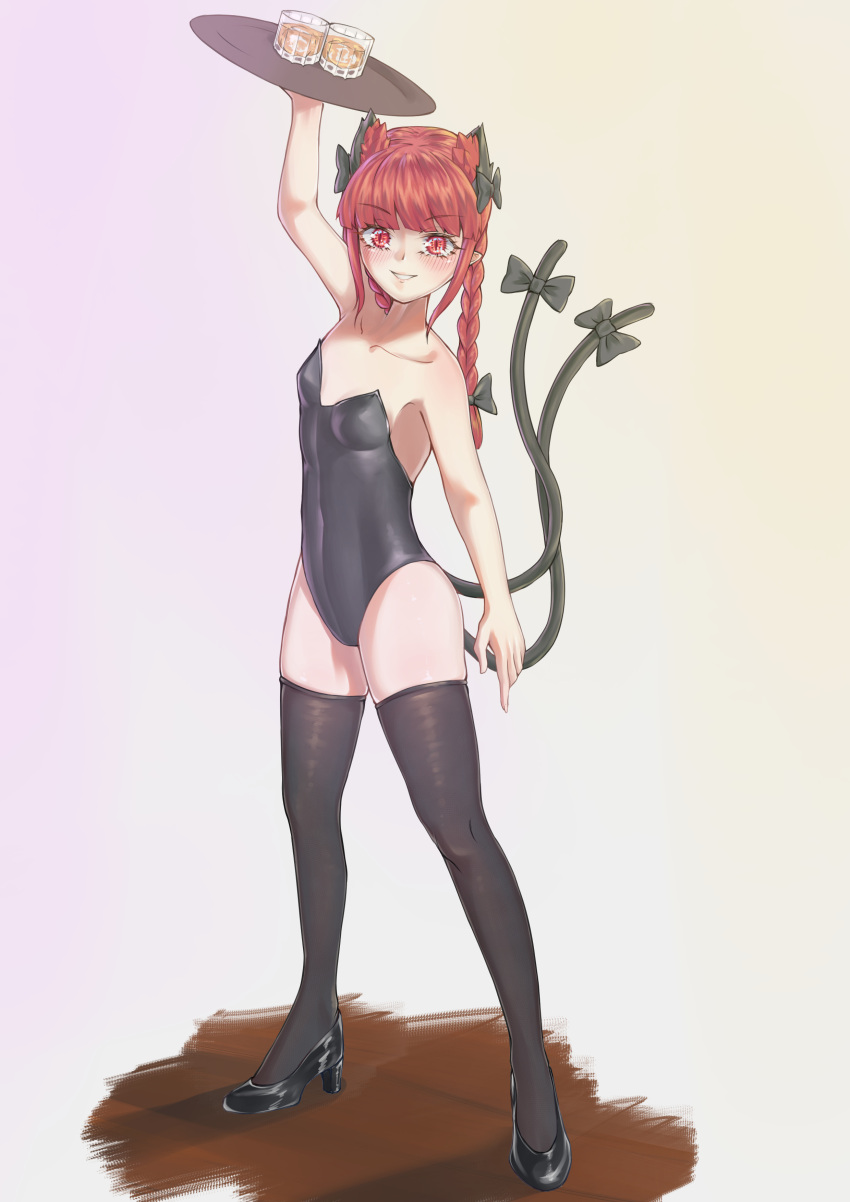 1girl absurdres alternate_costume animal_ear_fluff animal_ears arm_above_head arm_up bangs bare_shoulders black_bow black_footwear black_legwear black_leotard blunt_bangs blush bow braid breasts cat_ears cat_tail commentary_request covered_navel extra_ears eyebrows_visible_through_hair full_body gradient gradient_background hair_bow hair_ribbon high_heels highres holding holding_tray kaenbyou_rin leotard littiecy long_hair looking_at_viewer multiple_tails nekomata parted_lips playboy_bunny pointy_ears red_eyes redhead ribbon simple_background small_breasts smile solo standing strapless strapless_leotard tail tail_bow tail_ornament teeth thigh-highs touhou tray tress_ribbon twin_braids twintails two_tails white_background