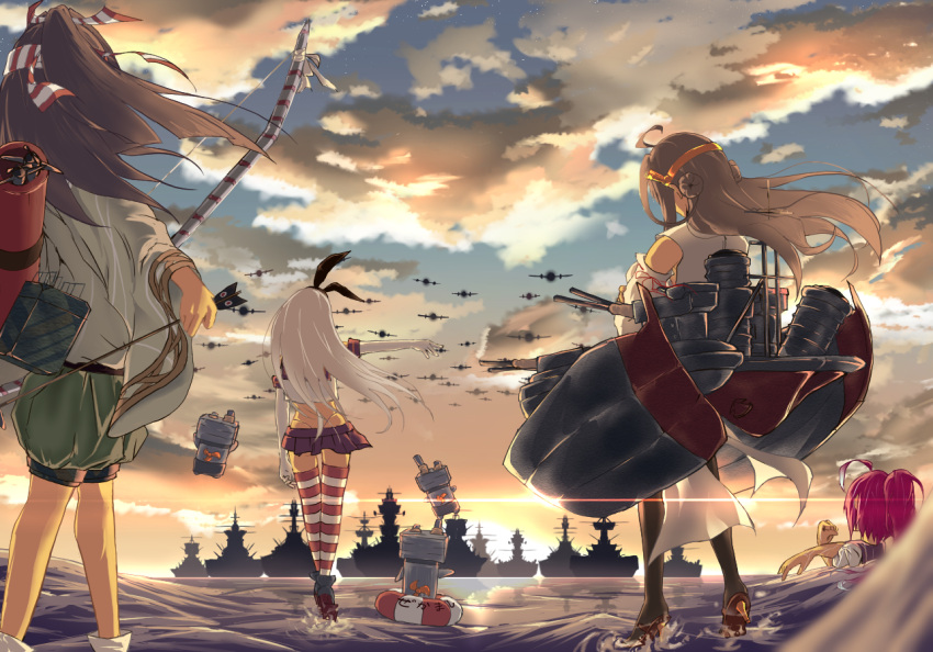 4girls ahoge aircraft airplane arrow_(projectile) black_ribbon blonde_hair bow_(weapon) brown_hair crop_top crossed_arms detached_sleeves double_bun elbow_gloves floating_hair from_behind gloves hair_ribbon hakama hakama_shorts headband headgear high_heels highleg highleg_panties holding holding_arrow holding_bow_(weapon) holding_weapon horizon i-168_(kancolle) japanese_clothes kantai_collection kimono kongou_(kancolle) long_hair machinery midriff military military_vehicle miniskirt multiple_girls nontraditional_miko outstretched_arm panties partially_submerged pink_hair ponytail reluvy remodel_(kantai_collection) rensouhou-chan ribbon rudder_footwear school_uniform shimakaze_(kancolle) ship shorts skirt sky standing standing_on_liquid stretch thigh-highs underwear warship water watercraft weapon white_gloves wind yumi_(bow) zuihou_(kancolle)