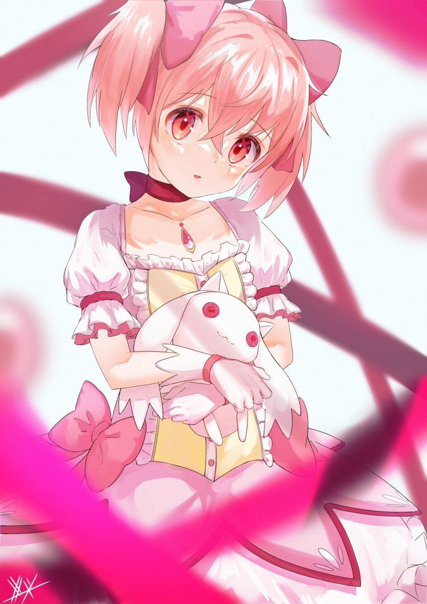 1girl absurdres bangs blurry blurry_background blurry_foreground blush bow_choker bubble_skirt button_eyes choker collarbone dress eyebrows_visible_through_hair frilled_dress frilled_sleeves frills gloves hair_between_eyes head_tilt highres holding holding_stuffed_toy kaname_madoka kyubey looking_at_viewer magical_girl mahou_shoujo_madoka_magica parted_lips pink_eyes pink_hair pink_ribbon puffy_short_sleeves puffy_sleeves red_choker ribbon short_hair short_sleeves short_twintails signature simple_background skirt solo soul_gem stuffed_toy tsubameno twintails white_background white_gloves