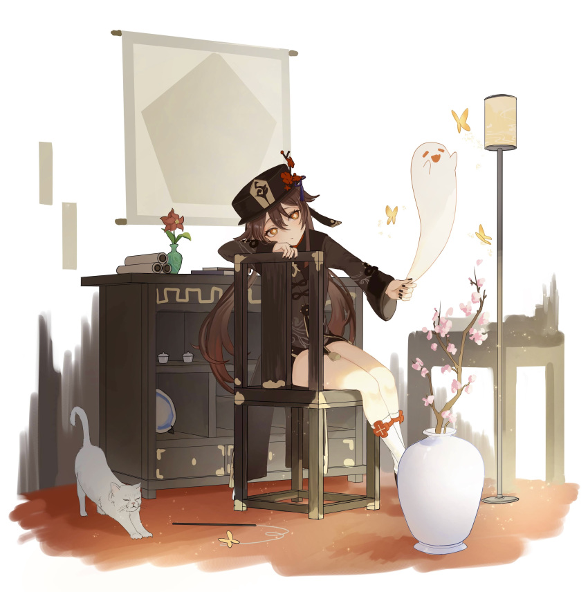 1girl absurdres arm_rest bangs black_headwear black_nails black_shorts branch brown_coat brown_hair bug butterfly cat cat_stretch chair cherry_blossoms coat flower full_body genshin_impact ghost hair_between_eyes hat hat_flower head_rest highres hu_tao_(genshin_impact) kneehighs lamp long_hair looking_at_another plate shelf short_shorts shorts shu_minn sitting stretch symbol-shaped_pupils twintails vase white_background white_legwear