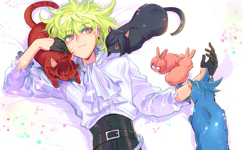 1boy 302 aina_ardebit animalization ascot black_gloves cat galo_thymos gloves green_hair gueira half_gloves heris_ardebit lio_fotia lying male_focus meis_(promare) on_back promare solo solo_focus violet_eyes