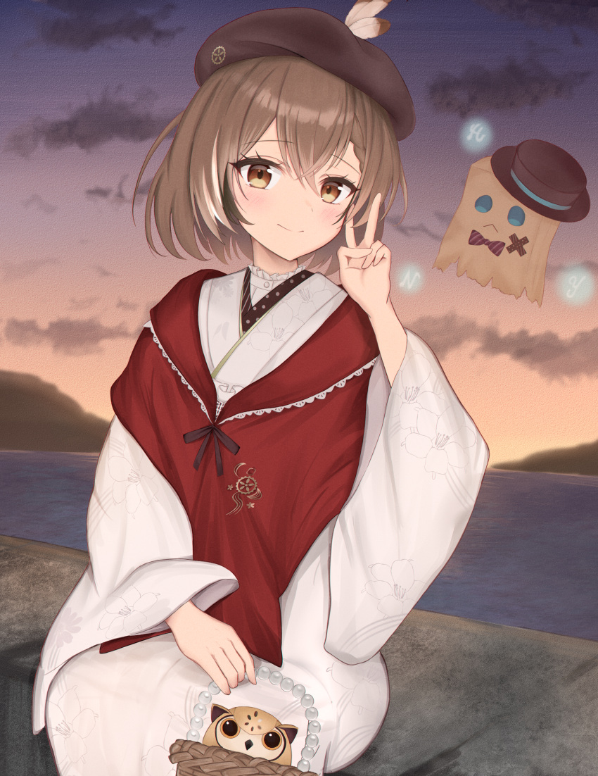 1girl absurdres bangs basket beret bird bow bowtie braid clouds cloudy_sky embroidery feathers floral_print friend_(nanashi_mumei) hat highres hololive hololive_english japanese_clothes kimono looking_at_viewer mito_soosu multicolored_hair nanashi_mumei official_alternate_costume owl print_kimono red_shawl ribbon short_hair sky smile streaked_hair sunset top_hat v virtual_youtuber water white_kimono wide_sleeves