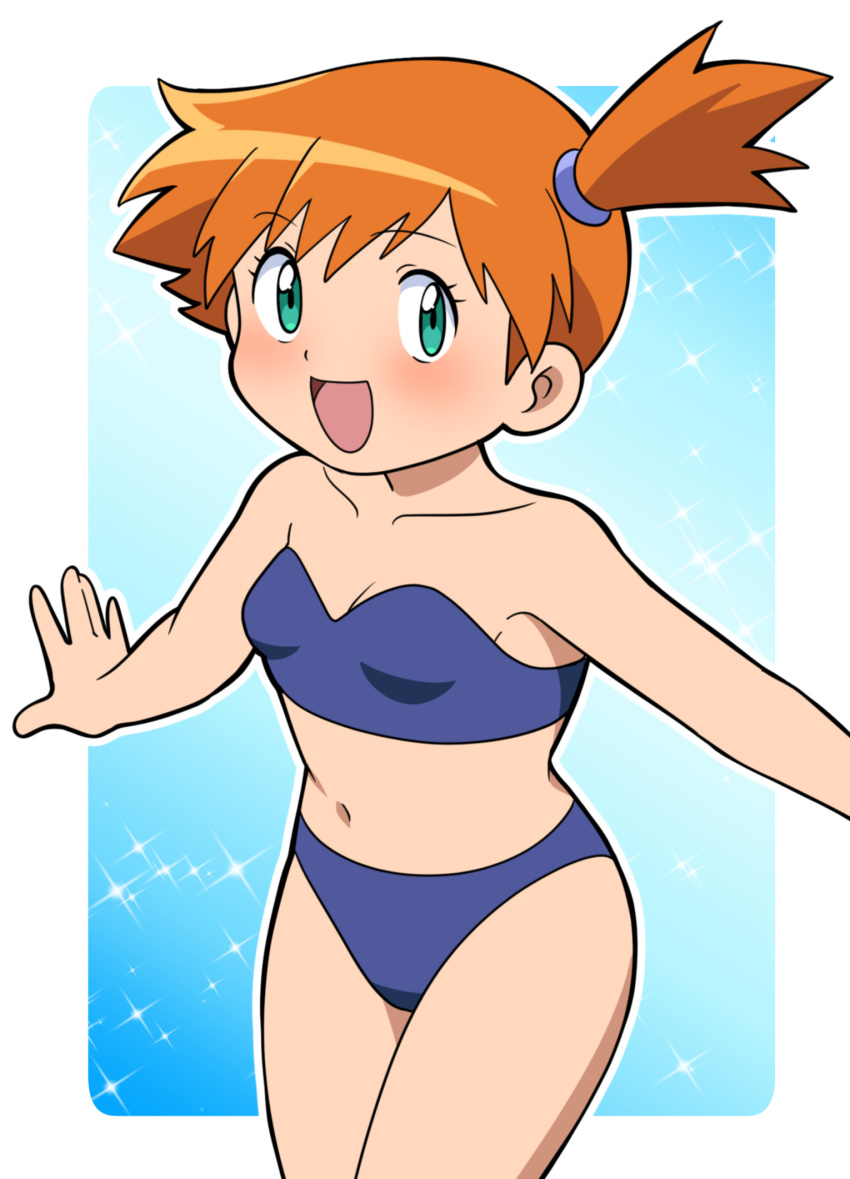 1girl armpits asymmetrical_hair bare_shoulders bikini blush breasts child cowboy_shot game_freak green_eyes highres legs legs_together misty_(pokemon) multicolored_background navel open_mouth orange_hair pokemon pokemon_(game) pokemon_rgby ponytail redhead shirt short_hair shorts side_ponytail simple_background smile solo swimsuit tied_hair yume_yoroi