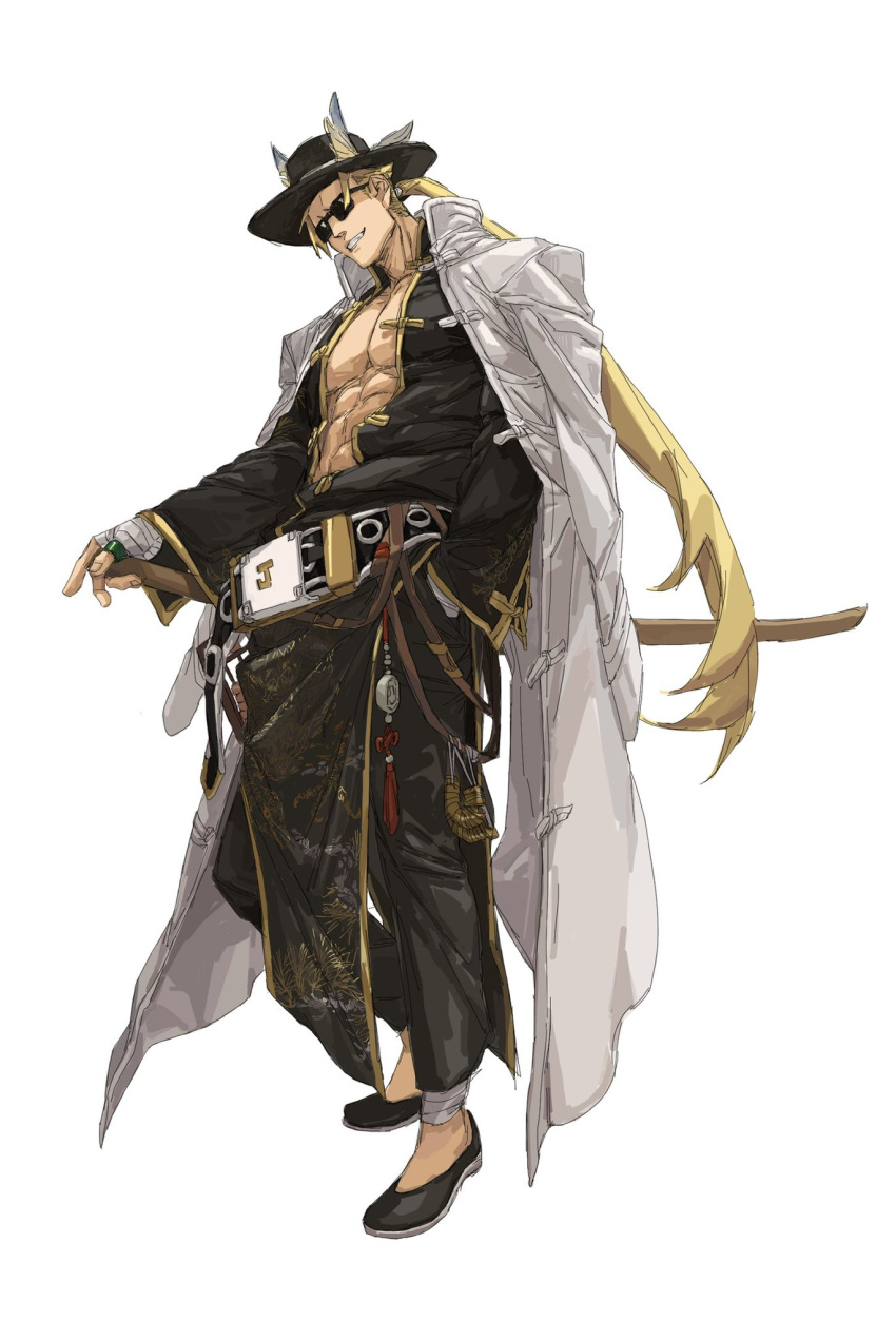 1boy abs amatuki bandages belt black_footwear black_headwear blonde_hair center_opening chinese_clothes full_body glasses guilty_gear hand_in_pocket hat highres jacket jacket_on_shoulders johnny_(guilty_gear) katana long_hair male_focus muscular muscular_male pectoral_cleavage pectorals pirate ponytail sandals sheath sheathed simple_background smile stomach sunglasses sword tied_hair weapon white_background white_jacket