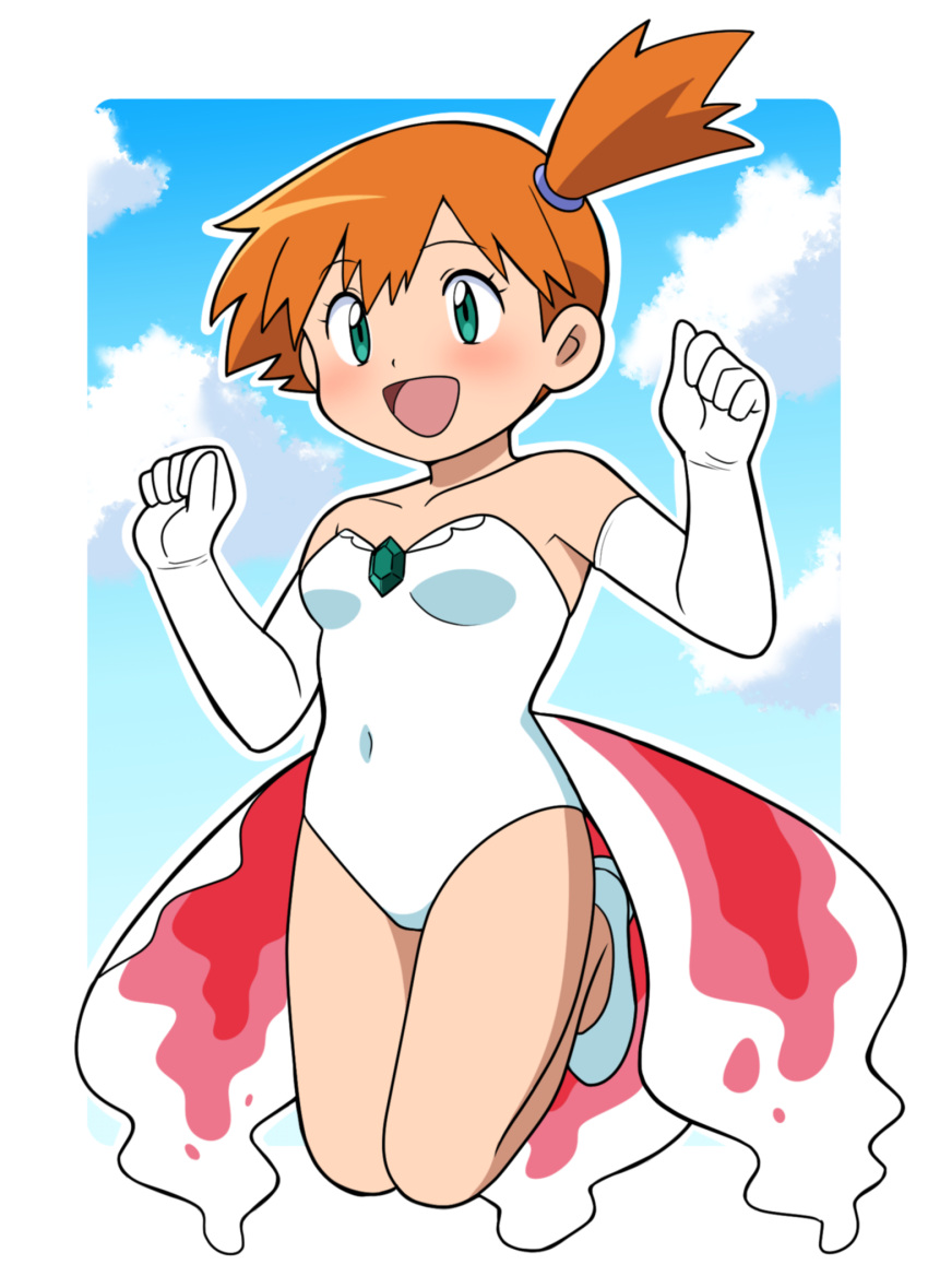 1girl armpits asymmetrical_hair bare_shoulders blush breasts child commentary_request cosplay cowboy_shot dress goldeen goldeen_(cosplay) green_eyes highres jumping legs legs_together misty_(pokemon) multicolored_background navel open_mouth orange_hair pokemon pokemon_(anime) pokemon_(classic_anime) ponytail redhead shirt shoes short_hair side_ponytail simple_background solo tied_hair yume_yoroi