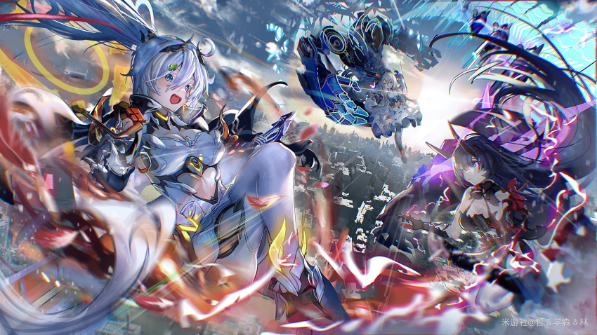 3girls :d absurdres armor bangs bare_shoulders blue_dress blue_eyes blue_sky blurry blurry_foreground bronya_zaychik bronya_zaychik_(herrscher_of_reason) cityscape closed_mouth dress drill_hair electricity full_body gauntlets grey_eyes grey_hair highres holding holding_sword holding_weapon honkai_(series) honkai_impact_3rd horns japanese_armor kiana_kaslana kiana_kaslana_(herrscher_of_flamescion) long_hair looking_at_viewer multiple_girls nigoolas open_mouth outdoors ponytail project_bunny purple_hair raiden_mei raiden_mei_(herrscher_of_thunder) sky smile sword twin_drills violet_eyes weapon white_hair