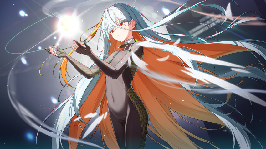 1girl 2qba absurdres bodysuit closed_mouth counter:side covered_navel flat_chest gloves highres honeycomb_(pattern) light long_hair looking_at_viewer multicolored_hair orange_hair partially_fingerless_gloves red_eyes robot sigma_(counter:side) silver_hair solo two-tone_hair