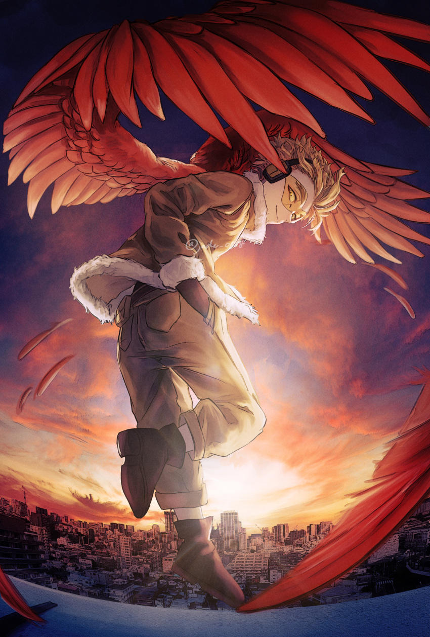 1boy absurdres artist_name black_gloves boku_no_hero_academia brown_footwear cityscape closed_mouth clouds commentary_request facial_hair feathered_wings feathers full_body fur_trim gloves goatee hand_in_pocket hawks_(boku_no_hero_academia) head_tilt highres jade_0518h knee_up large_wings long_sleeves looking_back male_focus pants pocket pouch red_sky red_wings short_hair sky smile solo spiky_hair standing standing_on_one_leg stubble sunset thick_eyebrows wings yellow_eyes