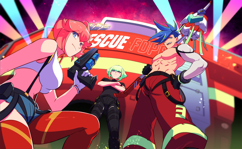 1girl 2boys 302 aina_ardebit asymmetrical_legwear belt_pouch black_gloves black_jacket blue_eyes breasts cropped_jacket detached_sleeves eyes_visible_through_hair fire_truck firefighter galo_thymos gloves green_hair ground_vehicle half_gloves jacket large_breasts lio_fotia male_focus matoi motor_vehicle multiple_boys pink_hair pouch promare red_legwear short_hair side_ponytail single_detached_sleeve spiky_hair suspenders topless_male uneven_legwear violet_eyes white_gloves