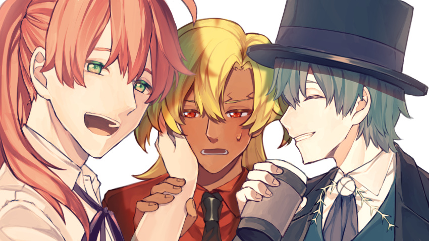 3boys :d :o alternate_costume black_headwear black_necktie blonde_hair closed_eyes colored_eyelashes cup david_(fate) facing_another fate/grand_order fate_(series) goetia_(fate) green_eyes green_hair grin hand_on_another's_cheek hand_on_another's_face hat highres holding holding_cup liwinky654 long_hair male_focus mismatched_eyelashes multiple_boys necktie orange_hair ponytail red_eyes red_shirt romani_archaman shirt simple_background smile sweat tan top_hat upper_body white_background white_shirt
