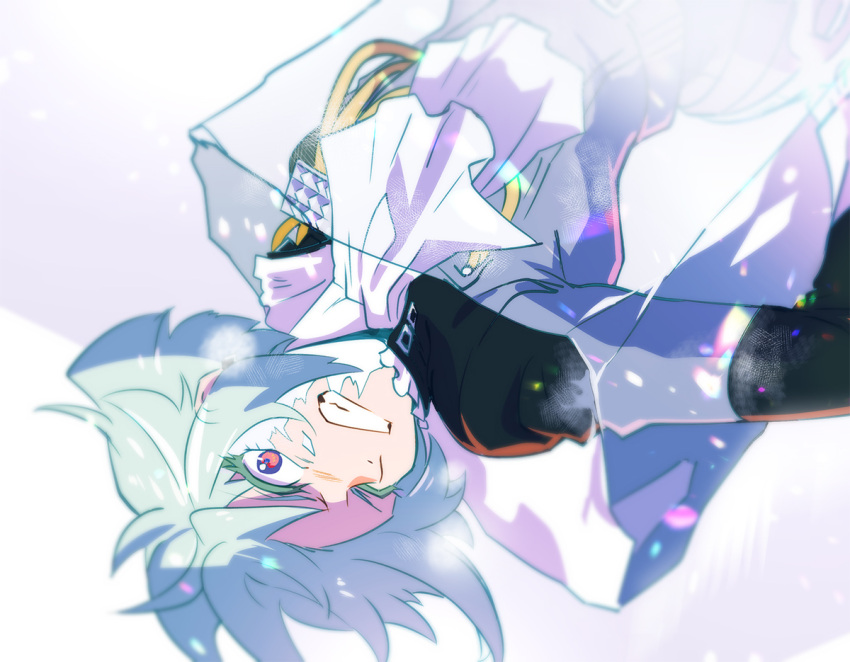 1boy 302 ascot black_jacket clenched_teeth frost frozen green_hair ice ice_block jacket light_green_hair lio_fotia male_focus promare see-through solo teeth violet_eyes white_hair wince